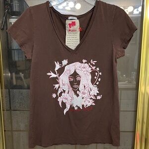 Old Navy Brown V-Neck Vintage Tee with White & Pink Floral Graphic